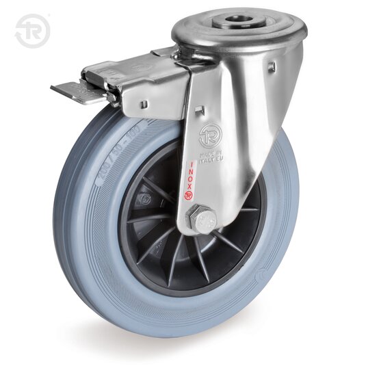 Ruote In Gomma Grigia, Supporto Rotante Foro Passante Inox NLX, Freno — Tellure Rota