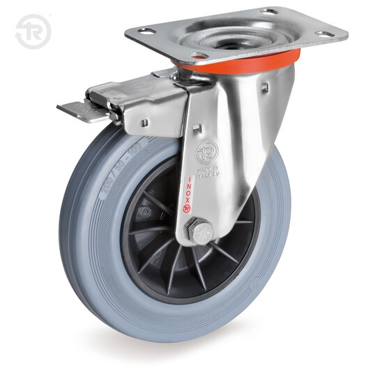 Ruote In Gomma Grigia, Supporto Rotante Inox NLX, Freno — Tellure Rota