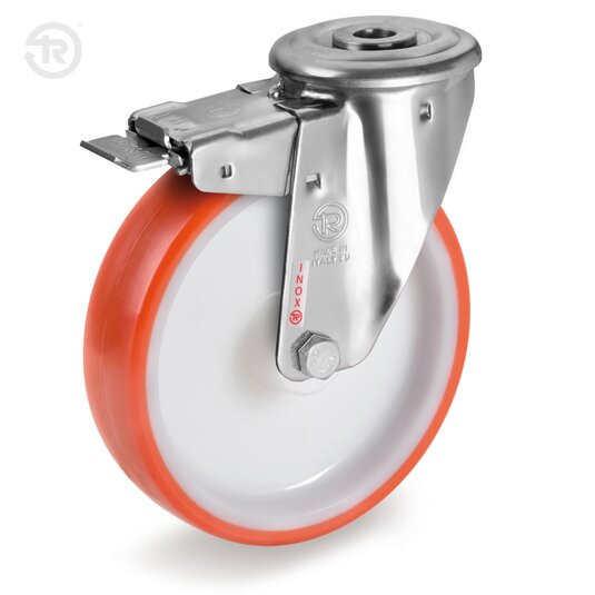 Ruote In Poliuretano Termoplastico, Supporto Rotante Foro Passante Inox NLX, Freno — Tellure Rota