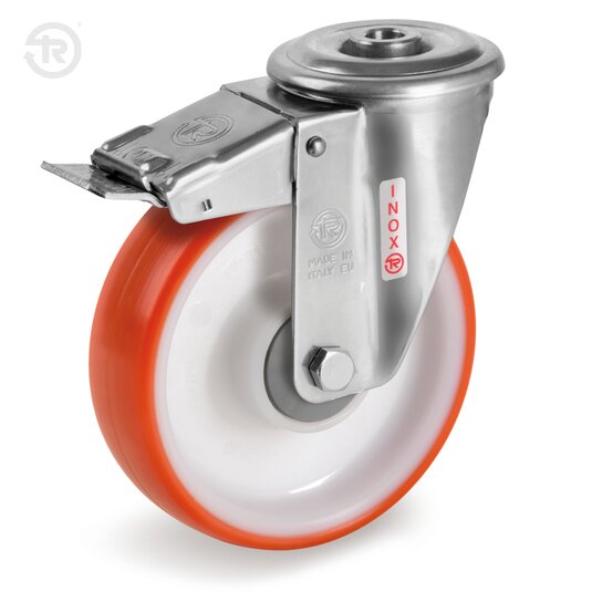 Ruote In Poliuretano Termoplastico, Supporto Rotante Foro Passante Inox NLX, Freno — Tellure Rota