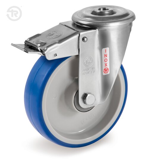 Ruote In Poliuretano Termoplastico Soft, Supporto Rotante Foro Passante Inox NLX, Freno — Tellure Rota