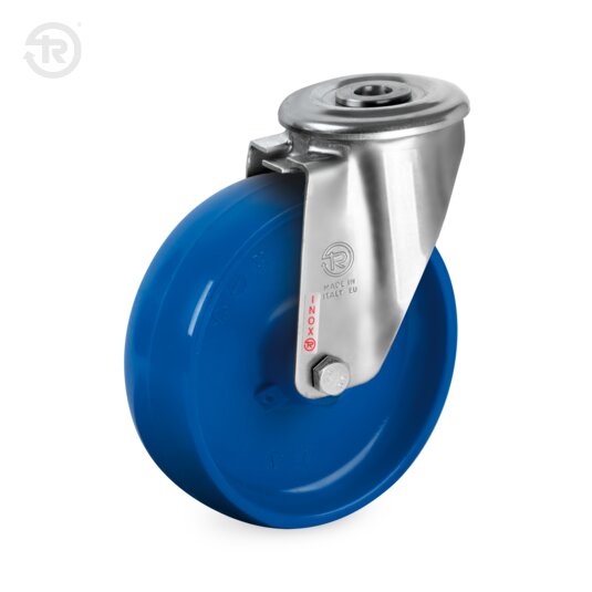 FR Ruote In Poliammide 6 Blu, Supporto Rotante Foro Passante Inox NLX, Freno — Tellure Rota