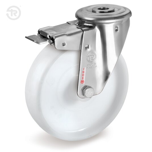 Ruote In Poliammide 6, Supporto Rotante Foro Passante Inox NLX, Freno — Tellure Rota