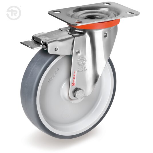 Ruote In Gomma Termoplastica, Supporto Rotante Inox NLX, Freno — Tellure Rota