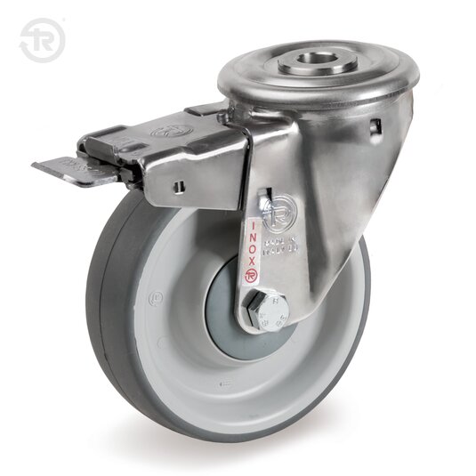 Ruote In Gomma Termoplastica, Supporto Rotante Foro Passante Inox NLX, Freno — Tellure Rota