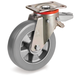 Tellure Rota 627206ESD — Roues en polyuréthane ESD «TR-Roll», avec résistance électrique <10^9 Ohm corps en aluminium, monture pivotante à platine P avec frein posterieur — 627206ESD | Tellure Rota
