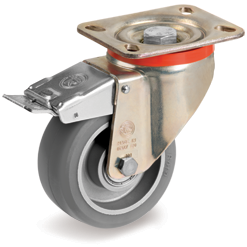 Tellure Rota 627213ESD — Roues en polyuréthane ESD «TR-Roll», avec résistance électrique <10^9 Ohm corps en aluminium, monture pivotante à platine P avec frein posterieur