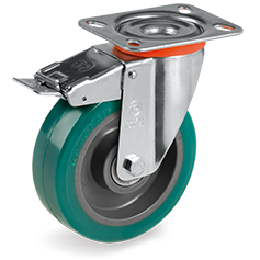 Tellure Rota 627334 — TR-ROLL Polyurethan-Räder, Kem aus polyamid 6, Lenkrolle mit durchgehender Bohrung NL, Vorderbremse