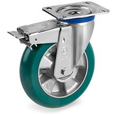 Tellure Rota 627904 — Roues en polyuréthane 'TR-Roll' avec profil ergonomique bombé, corps en aluminium, monture pivotante moyenne (M) avec blocage — 627904 | Tellure Rota