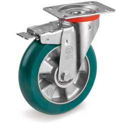 Tellure Rota 628913 — Roues en polyuréthane 'TR-Roll' avec profil ergonomique bombé, corps en aluminium, monture pivotante légère (NL) avec frein