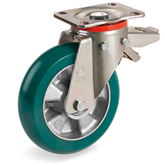 Tellure Rota 629206 — Roues en polyuréthane 'TR-Roll' avec profil ergonomique bombé, corps en aluminium, monture pivotante lourde (P) avec blocage