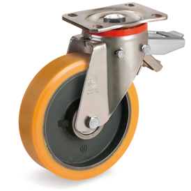 Tellure Rota 644854 — Räder aus Polyurethan 'TR', Gusseisenkern, Lenkrolle mit Platte P, mit einstellbarer Bremse