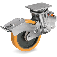 Tellure Rota 649504 — Roues en polyurethane TR, corps en fonte mecanique, monture pivotante à platine à suspension EES MHD avec frein — 649504 | Tellure Rota