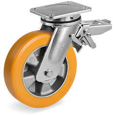 Tellure Rota 655802 — Roues en polyuréthane 'TR' haut epaisseur, corps en aluminium, monture pivotante à platine EE MHD avec frein — 655802 | Tellure Rota
