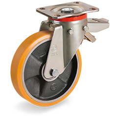 Tellure Rota 656628 — Ruote in poliuretano TR, nucleo in ghisa, supporto rotante piastra P con freno registrabile — 656628 | Tellure Rota