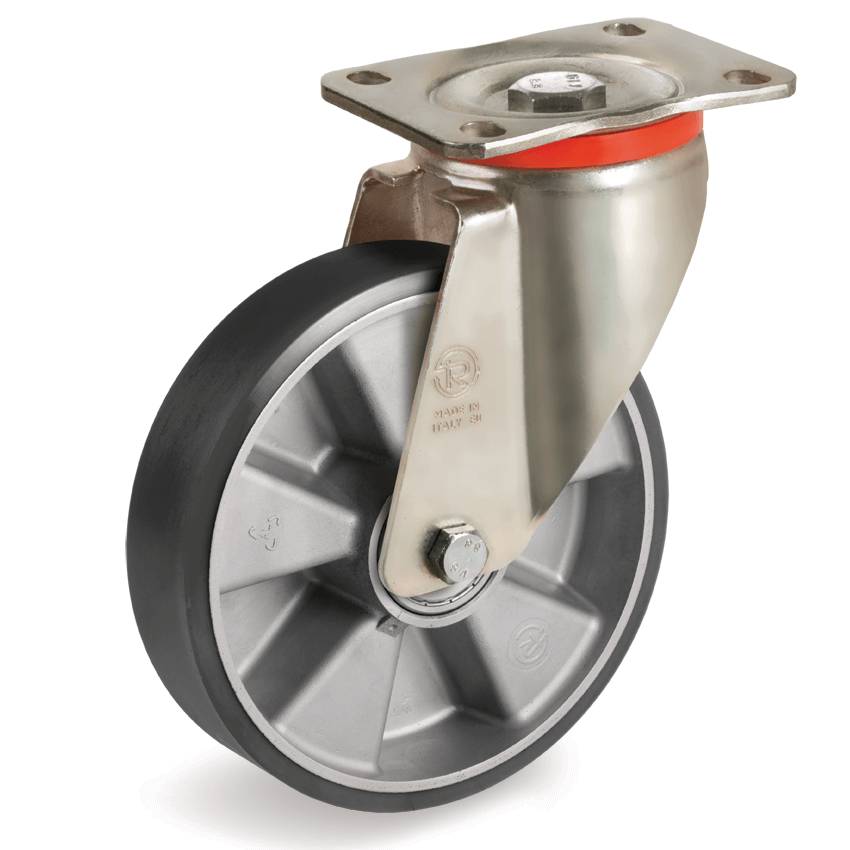 Tellure Rota 657602ESD — Ruote in poliuretano ESD 'TR', resistenza elettrica <10^9 Ohm, nucleo in alluminio, supporto rotante piastra P